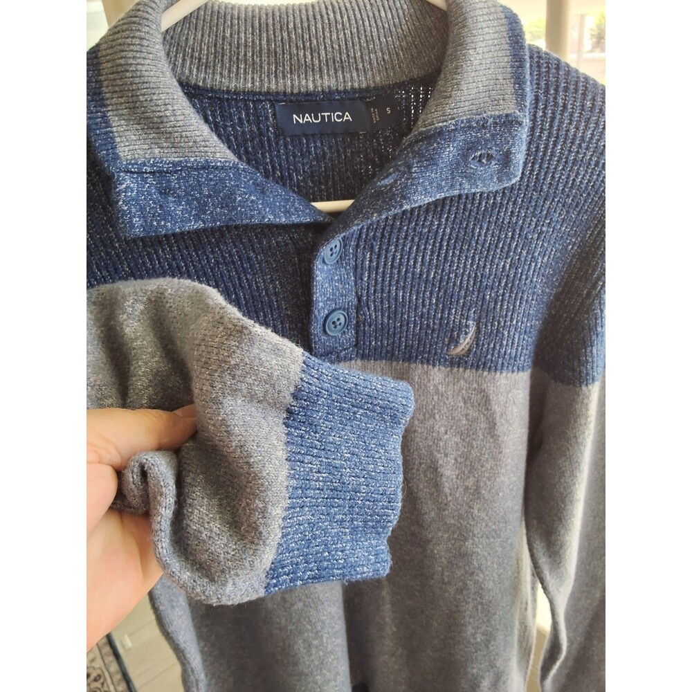 ​Nautica Sweater Blue Grey Colorblock Button Mock Neck Pullover  Mens S - Picture 2 of 8
